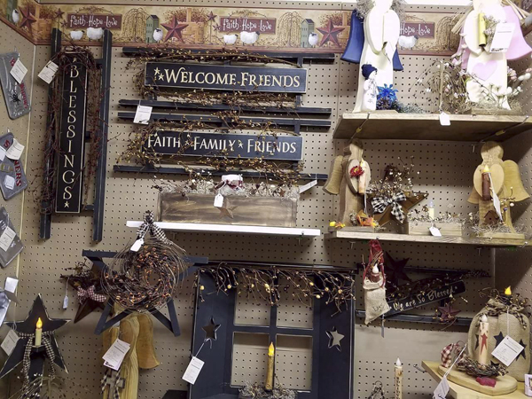 shelves of wooden angels